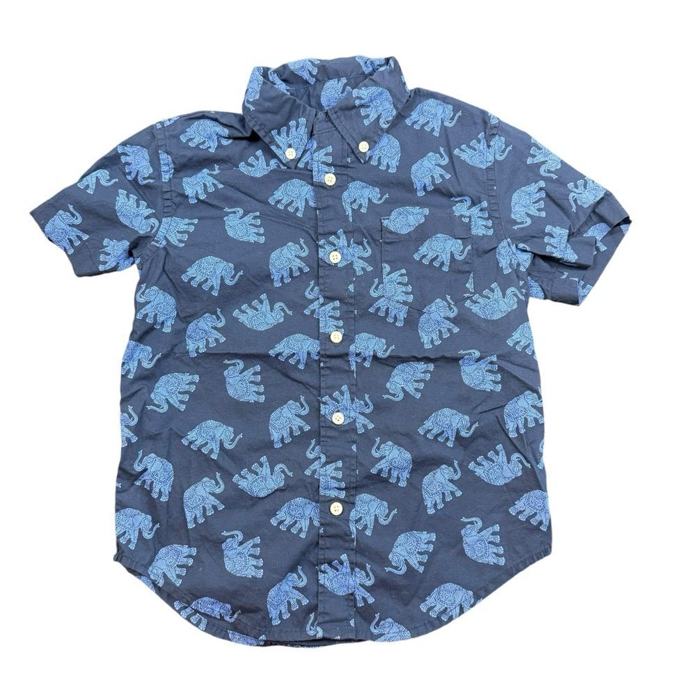 Crewcuts Navy Button-Down Shirt with Light Blue Elephant Print
